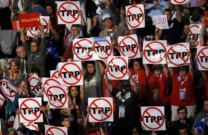 Delegates protesting the Trans-Pacific Partnership at the Democratic National Convention in Philadelphia in late July. (Photo: Scott Audette/Reuters)