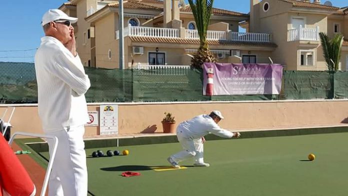 Dennis Birkett (Emerald Isle bowls club) sending one out in a Winter league match against Quesada