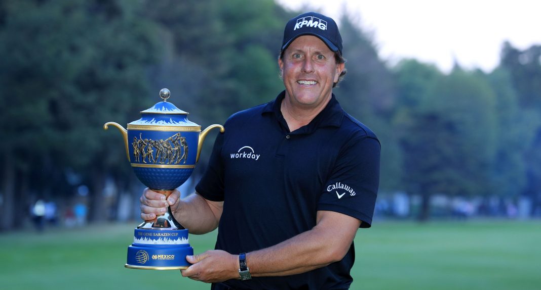World Golf Championships-Mexico Championship - Final Round MEXICO CITY, MEXICO - MARCH 04: Phil Mickelson of the United States holds the Gene Sarazen Trophy after his play-off win during the final round of the World Golf Championships-Mexico Championship at the Club de Golf Chapultepec on March 4, 2018 in Mexico City, Mexico. (Photo by David Cannon/Getty Images)