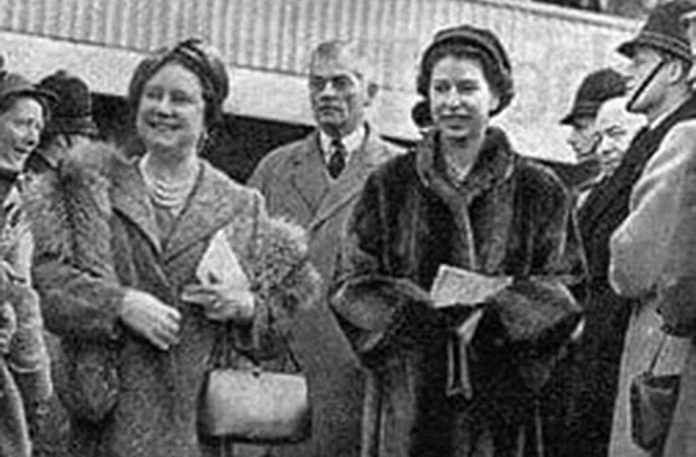 The Late Queen Mother and The Queen, Patron of the jockey club, at Cheltenham in 1956.