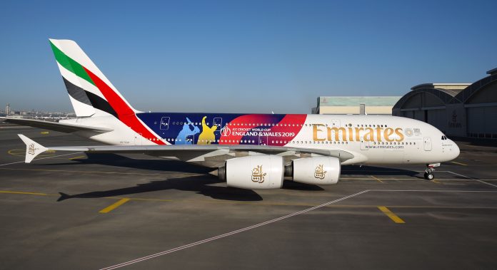 ICC Men’s Cricket World Cup 2019 decal on the Emirates A380.