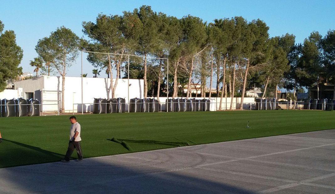 CD Montesinos's new pitch turf being laid in preparation for the 2019-20 season. Photo: Graeme Jolly.