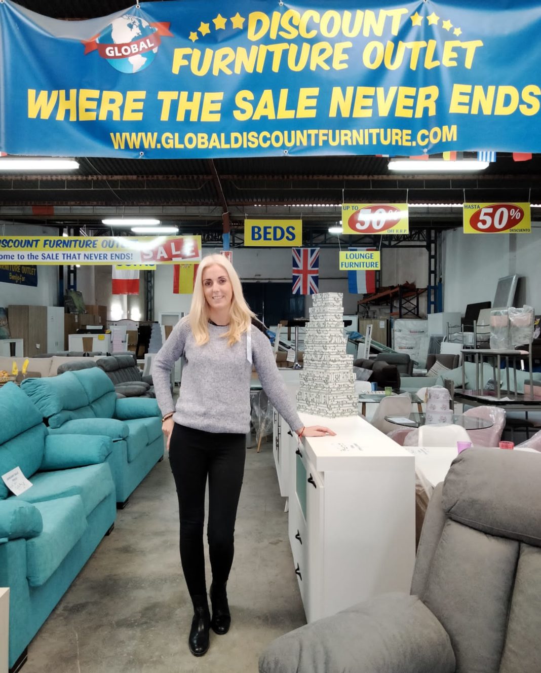 Benijofar based Global Discount Furniture Outlet proprietor Hayley featured in the C5 TV documentary 'Bargain Loving Brits In The Sun' showcasing the business. "It was a shock to find myself in front of the TV cameras - I couldn't believe it!," said Hayley. Mother of two children, Oliver, 12, and Marcus, 15, Hayley said: "It's been good for the business, with many people popping into the shop and others being in touch saying it was great to see us on TV." Hayley, who lives in Los Montesinos after moving to the Vega Baja town from Elche, said: "We opened Global Discount Furniture Outlet in 2016 and it has been a big success." Global Discount Furniture Outlet is based on Calle Vicente Blasco Ibañez, 50, Benijofar, with Hayley being helped to run the business by her father Mark. "The C5 filming has done well for the business," said Mark, a former owner of an office furniture company in the UK. "After research we decided to be based in Benijofar. We loved it after visiting the village," said Hayley. "The location is brilliant, which are former cinema premises. The people here are so lovely," added Hayley. Global Discount Furniture Outlet Benijofar featured in the latest series of the C5 documentary, narrated by actor John Thomson, which follows Brits who have moved to Spain. During filming Hayley's grandad Christopher, who visited Spain to celebrate his 80th birthday, featured on the programme. "Filming started in September 2021, but was halted during the coronovirus pandemic, then filming recommenced. It has been brilliant," said Hayley, who is appearing on another TV show, to be aired in April