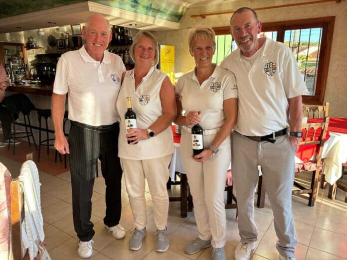 Alan Craig Captain, Sue Saunders nearest a pin and 2s pot winner, Elspeth McDavitt nearest a pin winner and 3rd place, Dave Slightam winner of the Stableford Competition at Las Colinas.