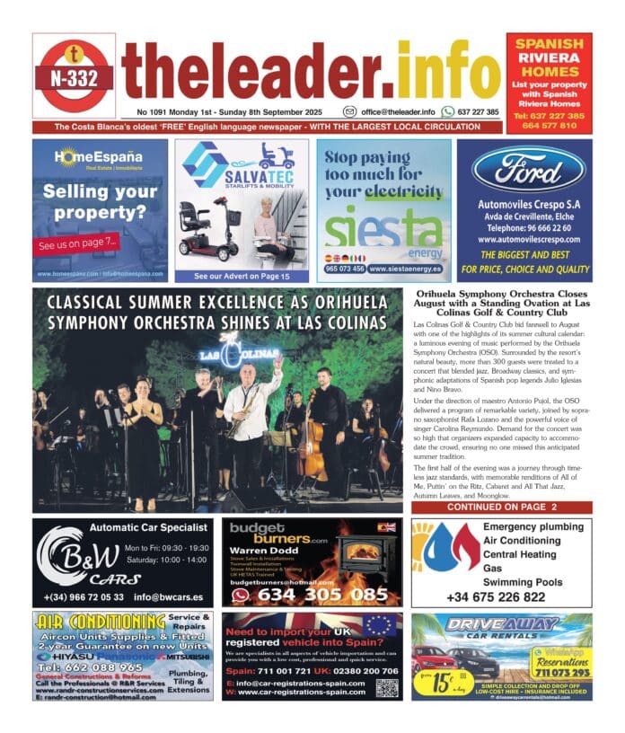 El periódico líder 01 de septiembre 25 - Edición 1091 Un evento cultural local abre la edición de esta semana como la Orquesta Sinfónica de Orihuela termina agosto con una ovación de pie en Las Colinas Golf & Country Club frente a más de 300 invitados