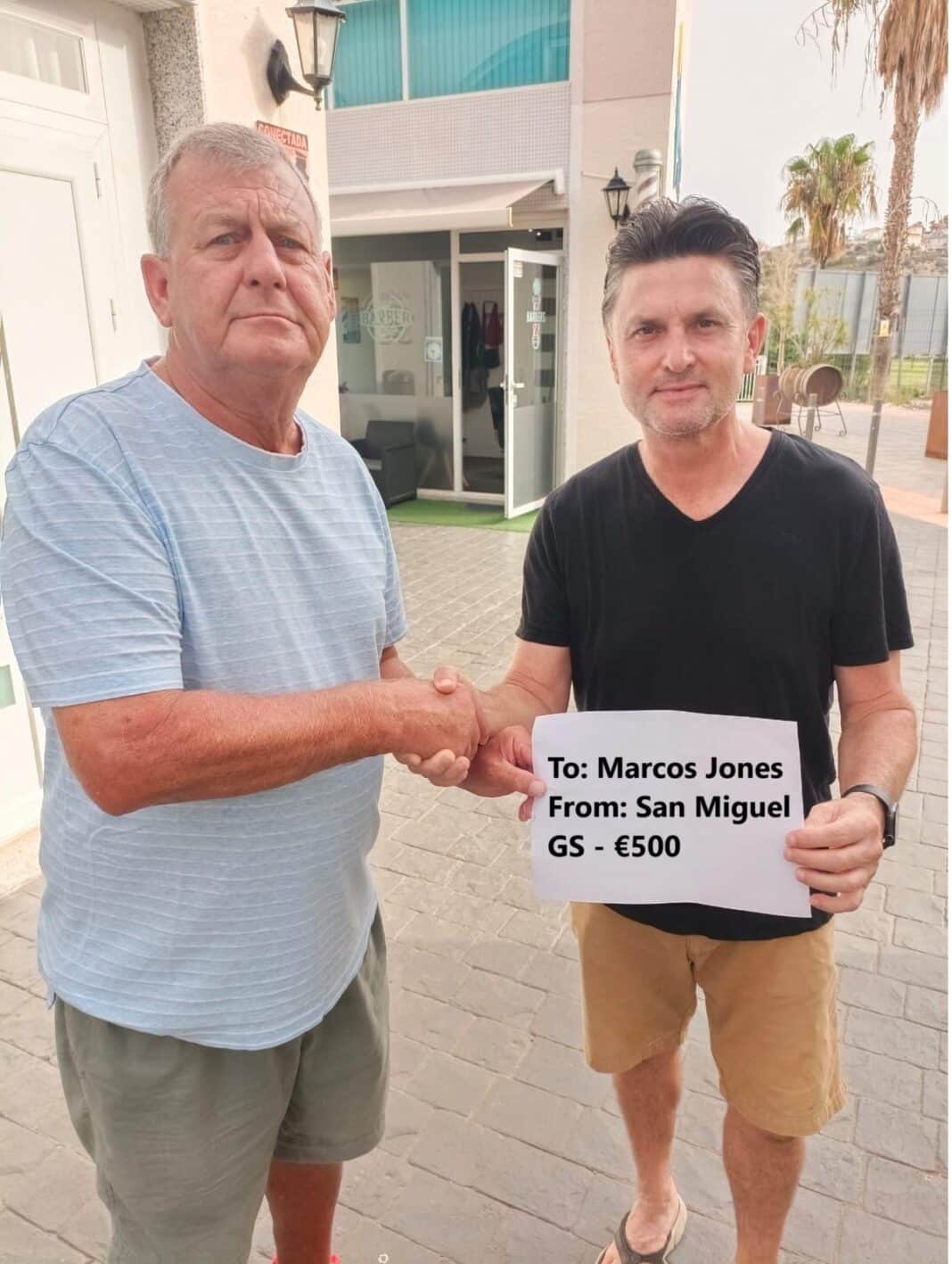 The Society have made a donation of €500 to Darren Jones “Darren the Barber” of Quesada (pictured below), the father of Marcos Jones who had an horrific car accident very recently which has left him with life-changing injuries.