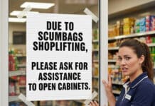 ŚMIECI I BZDURY Do sklepu przyszedł policjant i nakazał właścicielowi zmienić szyld, ponieważ „nazywanie złodziei sklepowych 'łajdakami' może być obraźliwe”.