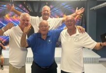 San Miguel Golf Society – Captain’s Day and Presentation Dinner 2025 the overall winner of Captain’s Day, Norman Padmore (far right), the PBomber, Tony Smale, had a hissy fit as he missed the photo but he’s included anyway bottom left, Paul “new Vice Captain”, Lambert, Lee “Outgoing Captain” Eastman and Alan “Macca” Macdonald.