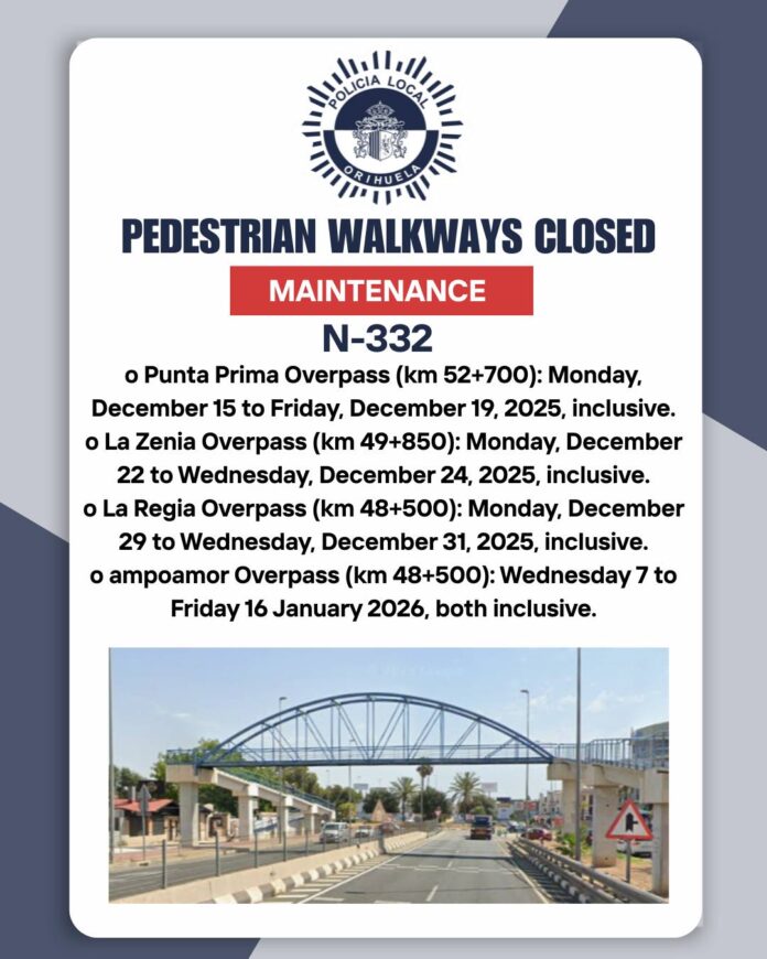 La Consejería de Transportes y Movilidad Sostenible ha anunciado que durante las próximas semanas se realizarán trabajos de conservación y mantenimiento en varios pasos superiores para peatones de la N-332 entre Torrevieja y Pilar de la Horadada.