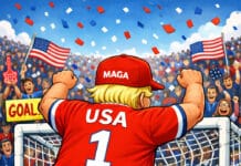 Donald Trump kicks a late winner Off the bench, arms raised clapping the spectators, appears an old guy with a fake tan and a red baseball cap. The stadium announcer names the sub simply as Donald Trump