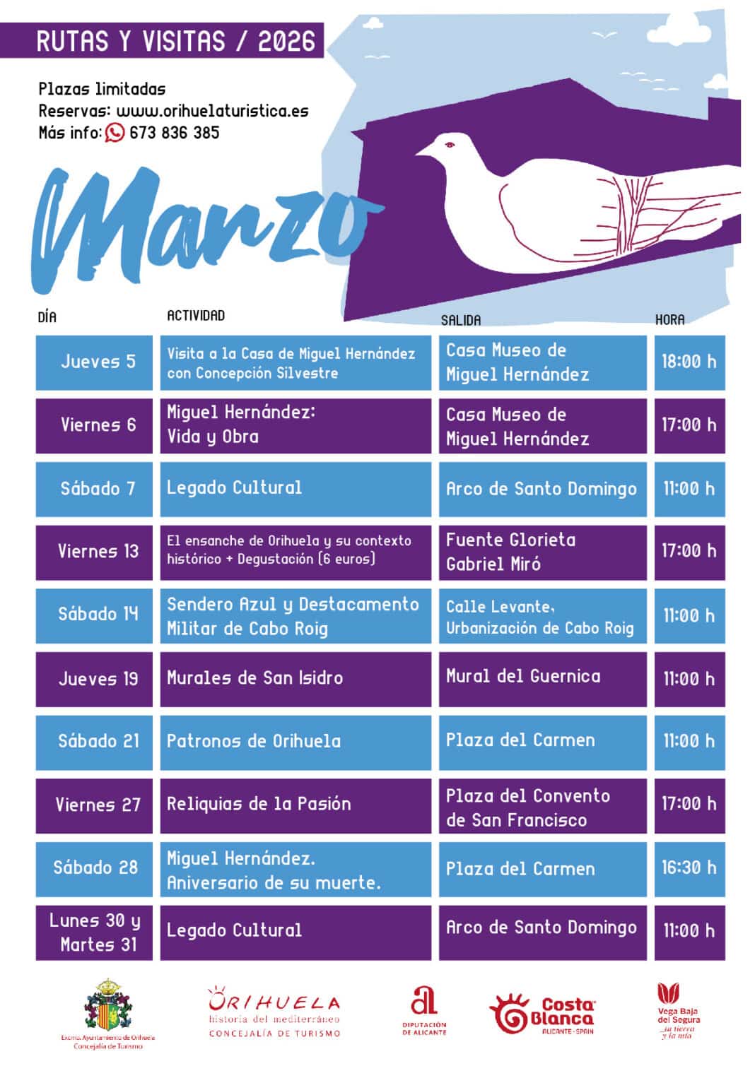 The Ayuntamiento de Orihuela, through its Tourism Department, has presented its “Routes and Visits – March 2026” programme, offering a full calendar of cultural, historical and heritage activities throughout the month.