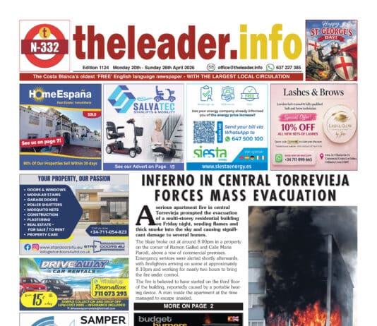 Costa Blanca Leader 20. april 26 – Utgave 1024 Costa Blanca Leader 20. april 26 - Utgave 1024 En alvorlig leilighetsbrann i sentrale Torrevieja førte til evakuering av en boligbygning i flere etasjer fredag kveld. Brannen sendte flammer og tykk røyk opp i luften og forårsaket betydelig skade på flere hjem.