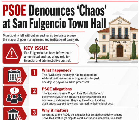 PSOE denounces “chaos” at San Fulgencio Town Hall after municipality is left without auditor