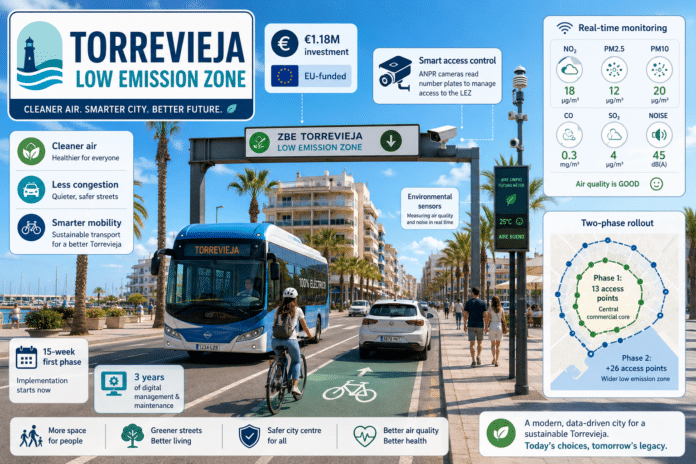 Torrevieja City Council has approved the contract for the implementation of the city’s new Low Emission Zone, a major sustainable mobility project designed to improve air quality, reduce traffic congestion and modernise vehicle access control in the town centre and surrounding areas.