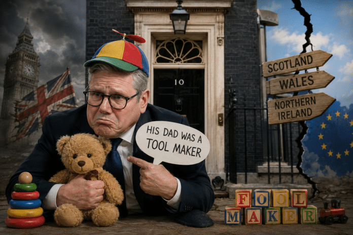 Il numero 10 di Downing Street, un tempo culmine della leadership mondiale, ora ha la mentalità di un bambino di quattro anni che ripete spesso che suo padre era un fabbricante di utensili; forse intendeva un fabbricante di stupidi.