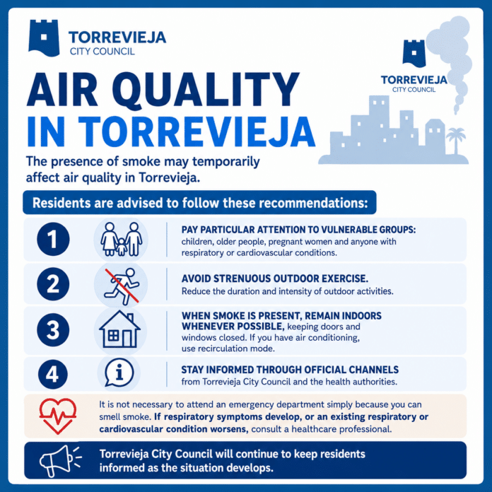 At around 10.30am, Torrevieja City Council issued a public warning, describing the pollution as a potentially temporary episode but urging people to take precautions, particularly those considered most vulnerable.
