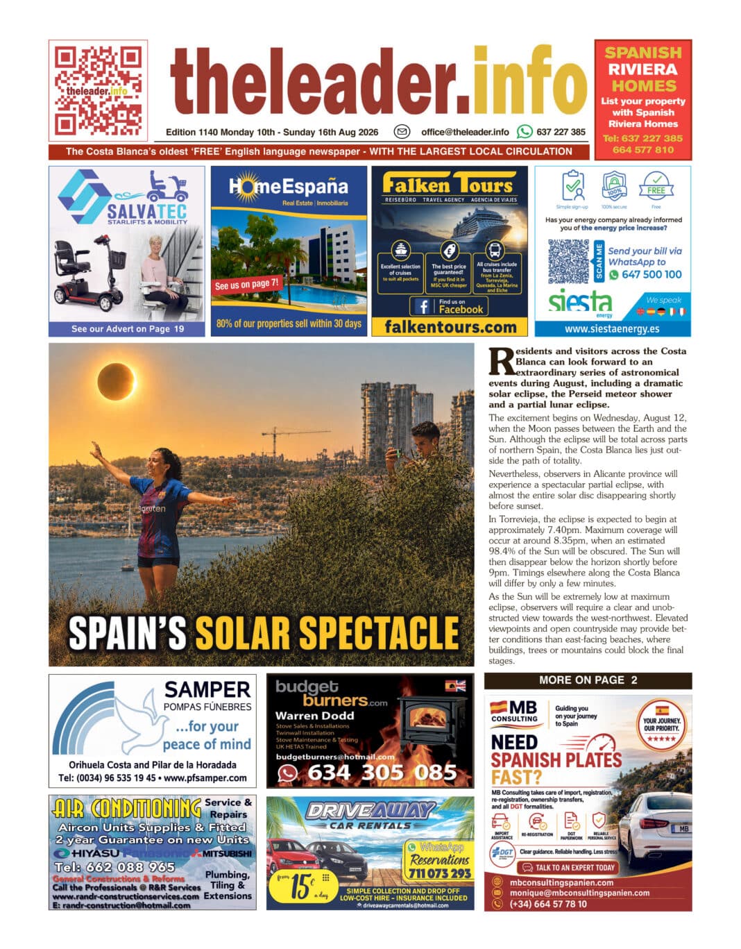Residents and visitors across the Costa Blanca can look forward to an extraordinary series of astronomical events during August, including a dramatic solar eclipse, the Perseid meteor shower and a partial lunar eclipse.