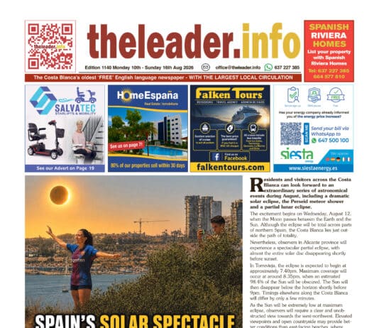 EDITION 1140 OF THE COSTA BLANCA LEADER NEWSPAPER 10 – 16 AUGUST 2026 Residents and visitors across the Costa Blanca can look forward to an extraordinary series of astronomical events during August, including a dramatic solar eclipse, the Perseid meteor shower and a partial lunar eclipse.