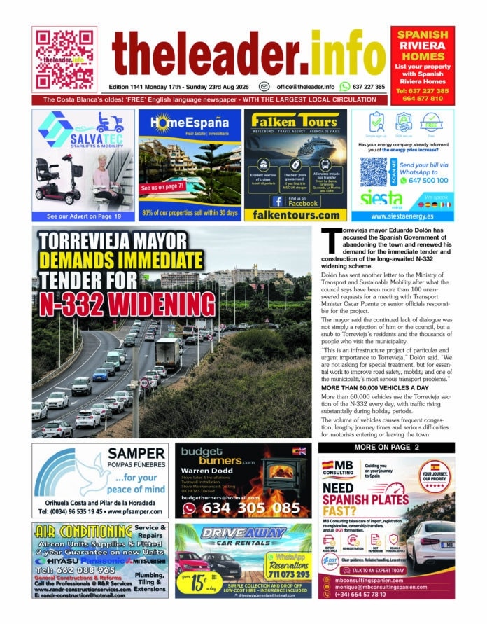 The latest edition brings English-language news, sport and events from across the southern Costa Blanca and Mar Menor. This week’s lead story is of the Torrevieja mayor Eduardo Dolón, who has accused the Spanish Government of abandoning the town while renewing his demand for the immediate tender and construction of the long-awaited N-332 widening scheme.