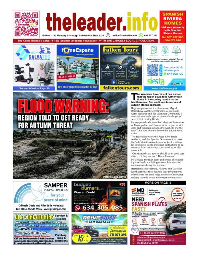 The latest edition brings English-language news, sport and events from across the southern Costa Blanca and Mar Menor. The Valencian Government has warned that the region could face further flash floods in the coming months as the Mediterranean Sea continues to warm and autumn storms approach.