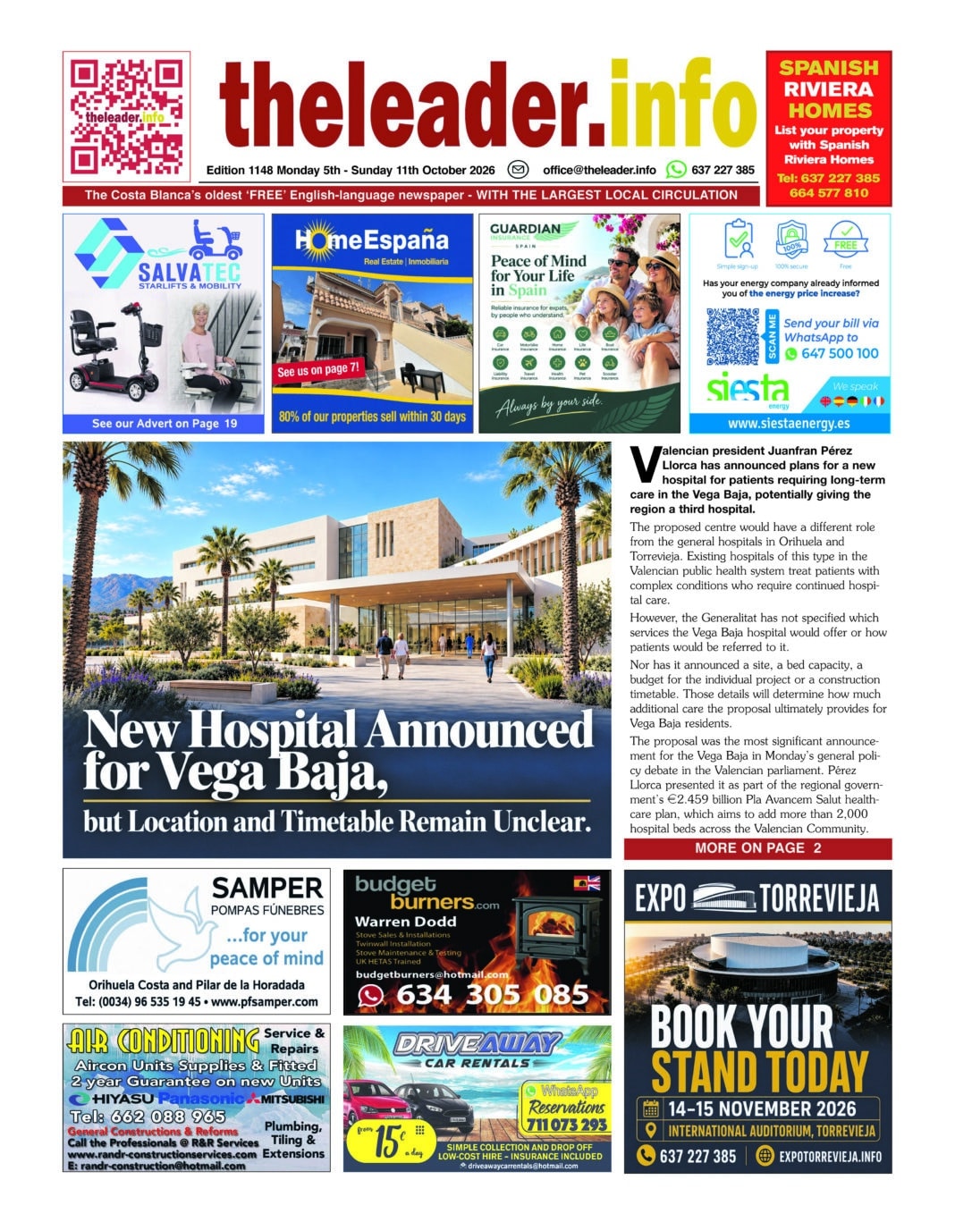 The latest edition brings English-language news, sport and events from across the Southern Costa Blanca and Mar Menor. Opening this week with news of a third Vega Baja Hospital announced in a speech by Valencian president Juanfran Pérez Llorca.
